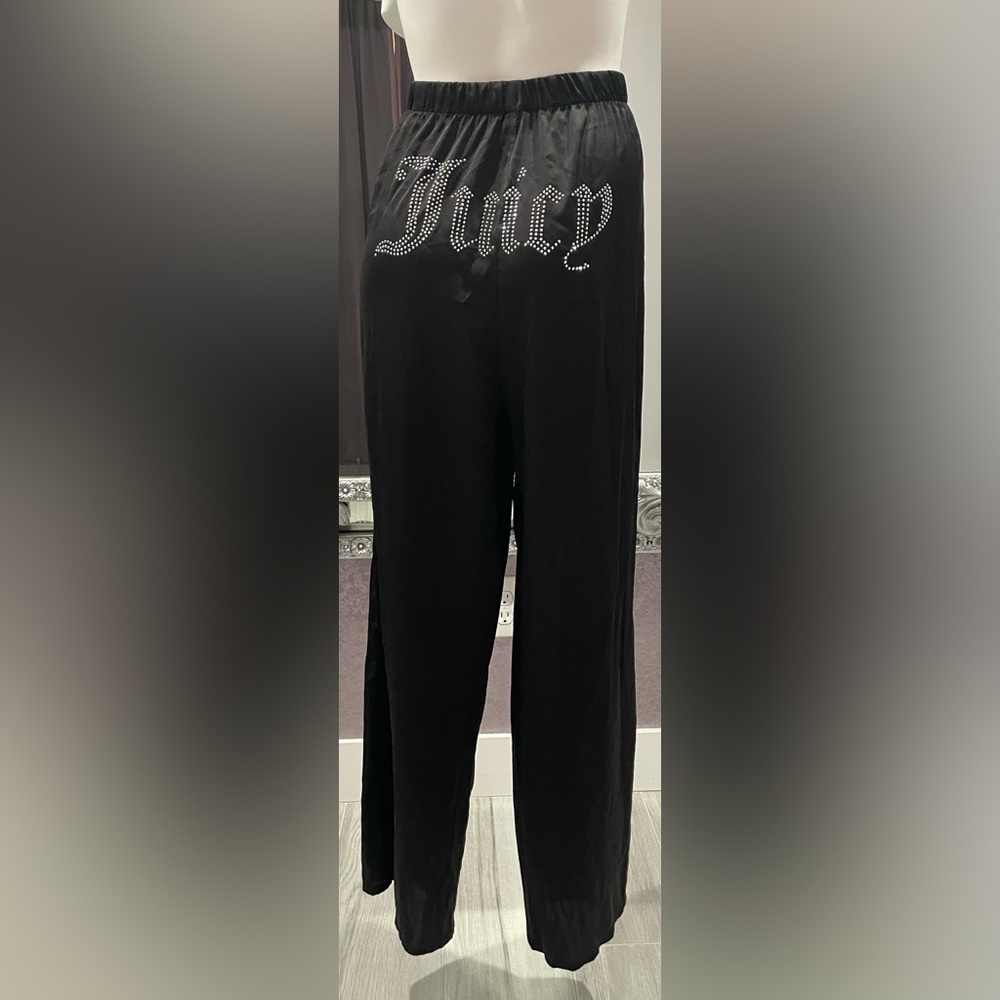 Juicy Couture Black Satin & Rhinestone Lounge Sleep Pants